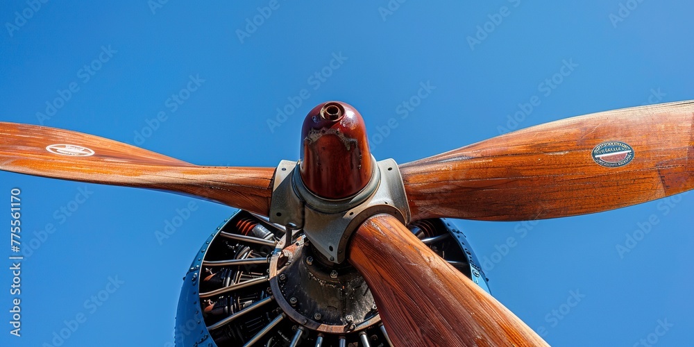 Antique wooden airplane propeller, close-up, clear blue sky background ...
