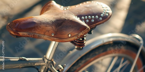 Vintage bicycle with leather seat detail, close-up, soft daylight, nostalgia and simplicity of past rides 