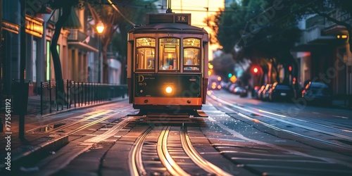 Vintage tram in historic city, close-up on the intricate details, twilight, charm of urban past