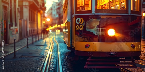 Vintage tram in historic city, close-up on the intricate details, twilight, charm of urban past 