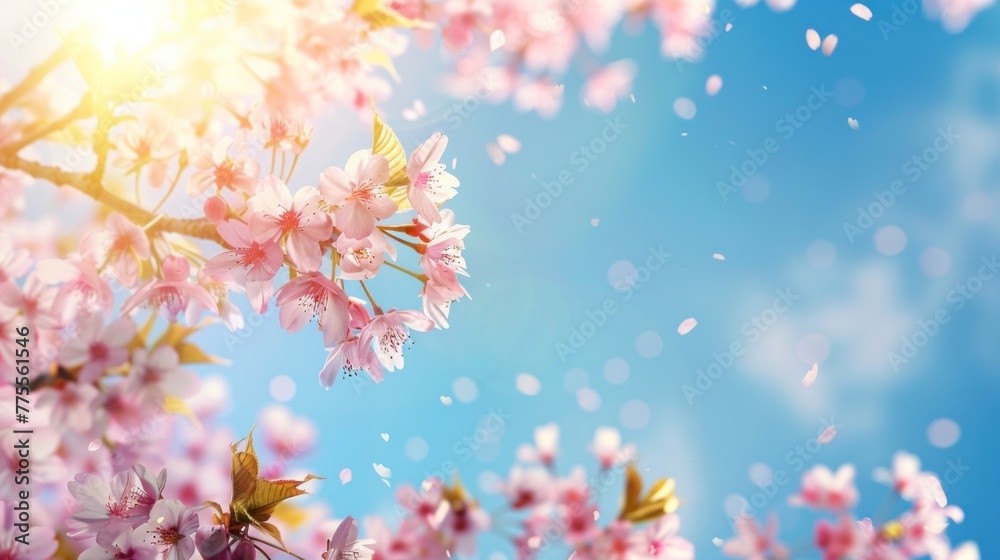 Beautiful spring bright natural background with soft pink sakura flowers and birds