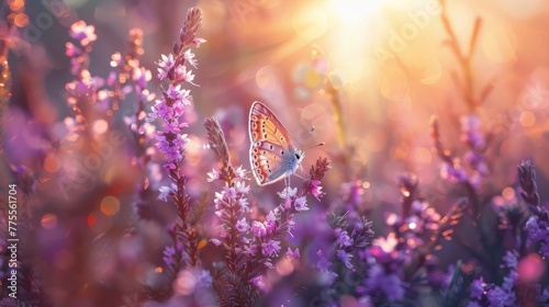 Violet heather flowers and butterfly in rays of summer sunlight in spring outdoors on nature macro, soft focus
