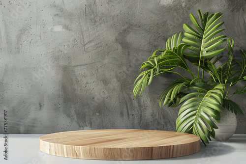 Empty beautiful round wood podium and green plant on gray concrete wall background for product display presentation