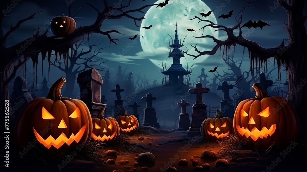 Halloween background with horror castle pumpkins and bats at tomb stones grave 
