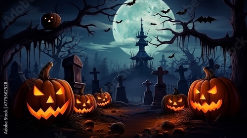 Halloween background with horror castle pumpkins and bats at tomb stones grave 