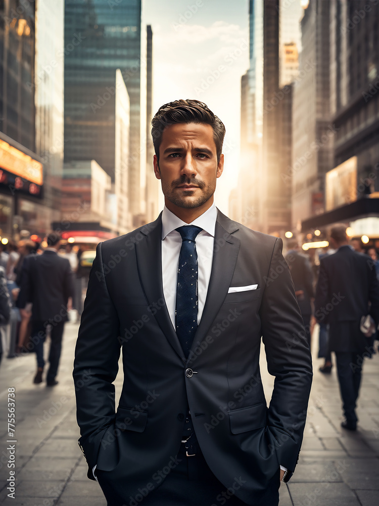 A businessman in a suit at urban background (AI Created)