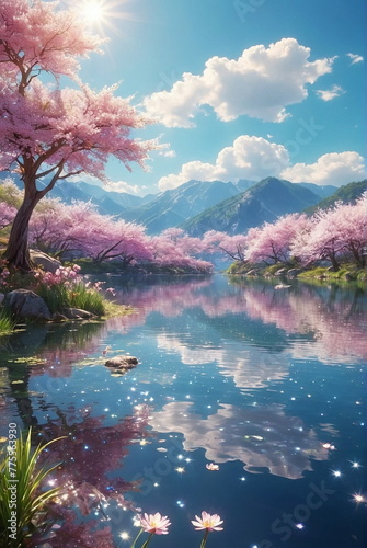 Beautiful landscape in japanesse style . Blue sky, clouds, blossoms, lake water, sun, mountains. Wallpaper, poster photo