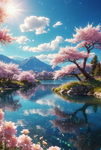 Beautiful landscape in japanesse style . Blue sky  clouds  blossoms  lake water  sun  mountains. Wallpaper  poster