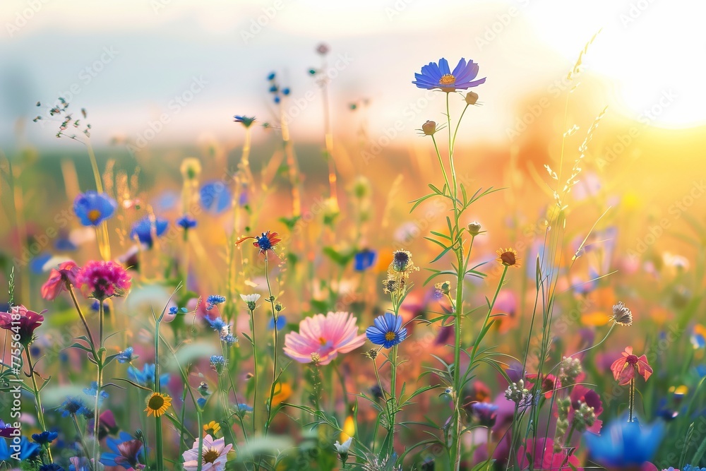 beautiful bright wild flowers against the background of sunrise. flowering field 