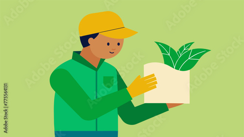 A worker inspecting a newly developed biodegradable packaging material made from plantbased fibers instead of harmful plastics. The material