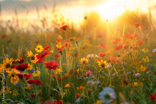beautiful bright wild flowers against the background of sunrise. flowering field © Tor Gilje