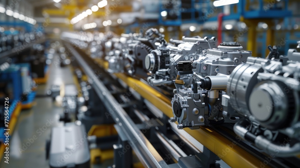 Production line for producing engines in a new car engine factory, engines on the line