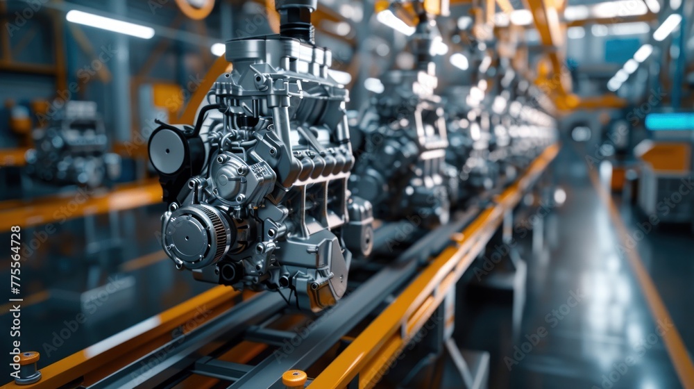 Production line for producing engines in a new car engine factory, engines on the line Production line for producing engines in a new car engine factory, engines on the line