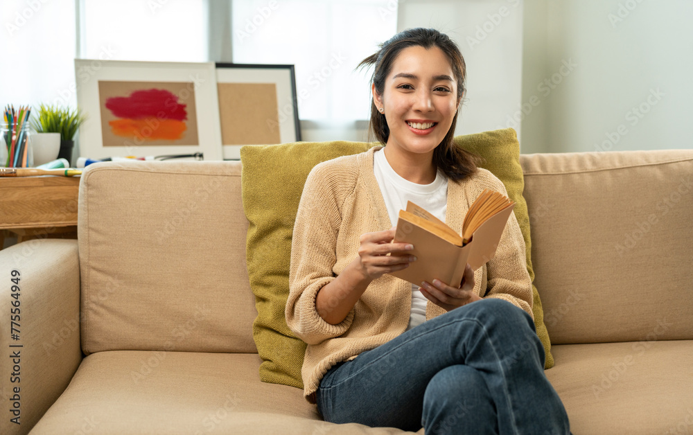 Asian beautiful woman sitting reading book on cozey couch sofa in living room with sun light morning. People female stay home part time relax at home.