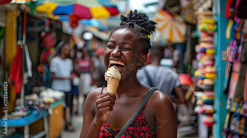 Happy black woman enjoying ice cream cone at vibrant street market