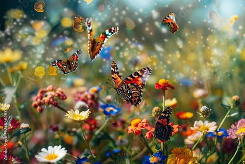 colorful butterflies flying in a flowering meadow 