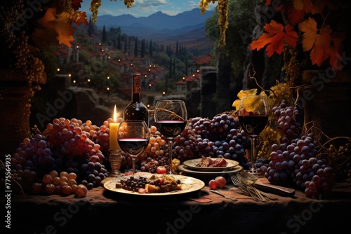 Illustrate a scene with wine glasses grapes