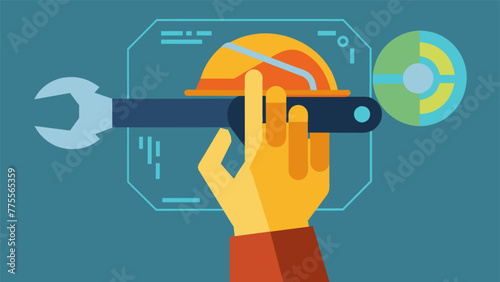 A closeup of a workers hand holding up a tool while an AR overlay highlights the correct usage for the task at hand.