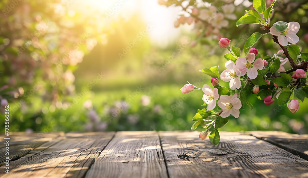 Empty wooden table top with blurred spring background for product display presentation Empty wooden table top with blurred spring background for product display presentation