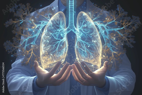 Medical doctor holding glowing virtual human lung in hands in Respiratory system protection and health care concepts