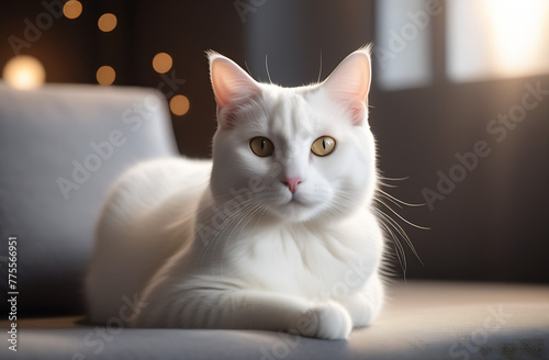 a kind white cat is sitting on a gray background there is a place for an inscription