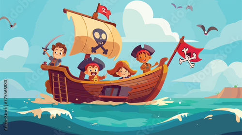 Kids in a pirate boat 2d flat cartoon vactor illust © Mishi