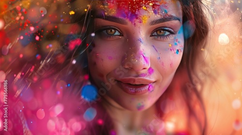 Holi festival of colors, splash of dry hues or paints or gulal on young beautiful woman in Indian dress