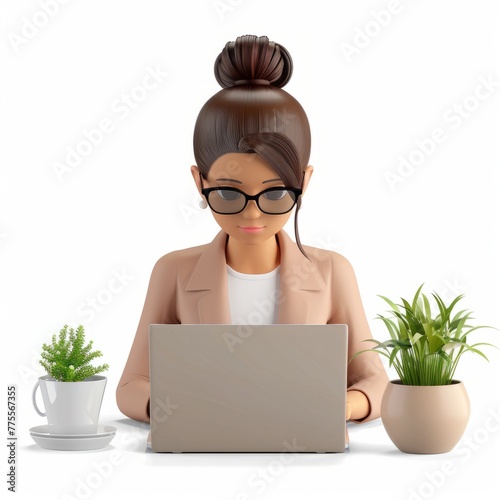 3D Render of a female entrepreneur working on her startup project, typing on her laptop, on isolated white background, Generative AI