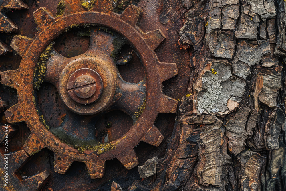 A rusty gear is on a tree trunk