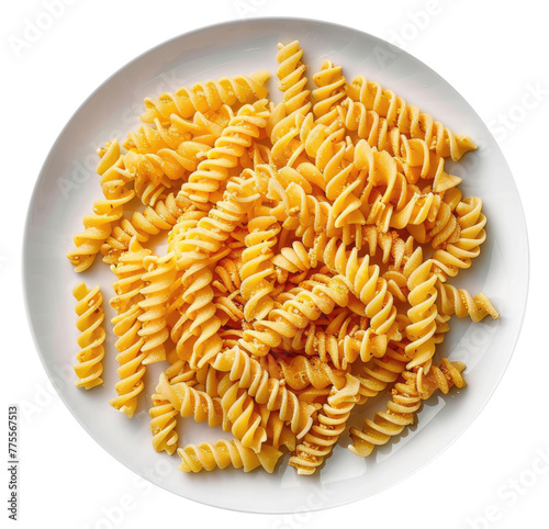 Plate with fusilli pasta isolated on transparent background, top view