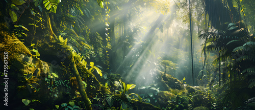 The sun s rays filter through the trees in a foggy forest  creating a magical natural landscape with misty surroundings.