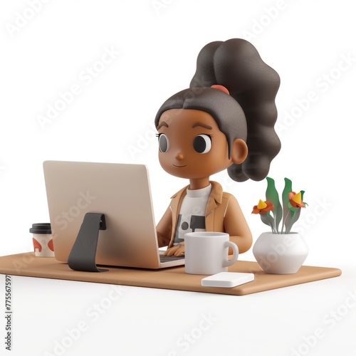 3D Render of a girl working at a laptop in a cozy workspace, on isolated white background, Generative AI © Box Milk