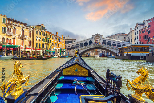 Panoramic view of famous Canal Grande with famous Rialto Bridge at sunset, Venice © f11photo