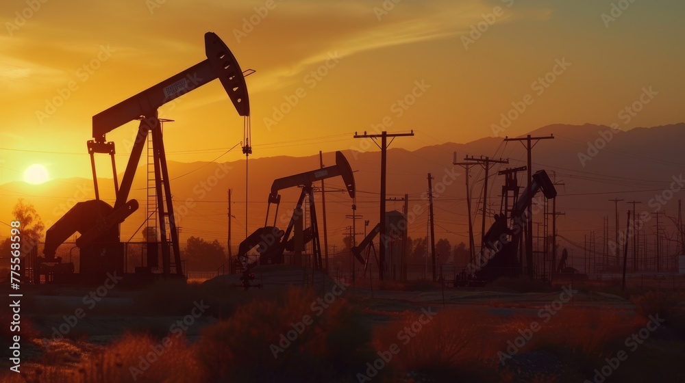Oil pumps drilling derricks from oil field silhouette at sunset