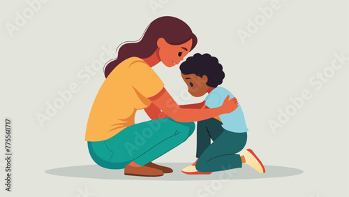 A parent kneeling down to their childs level and offering a comforting hug after a minor setback or disappointment. The childs tears are