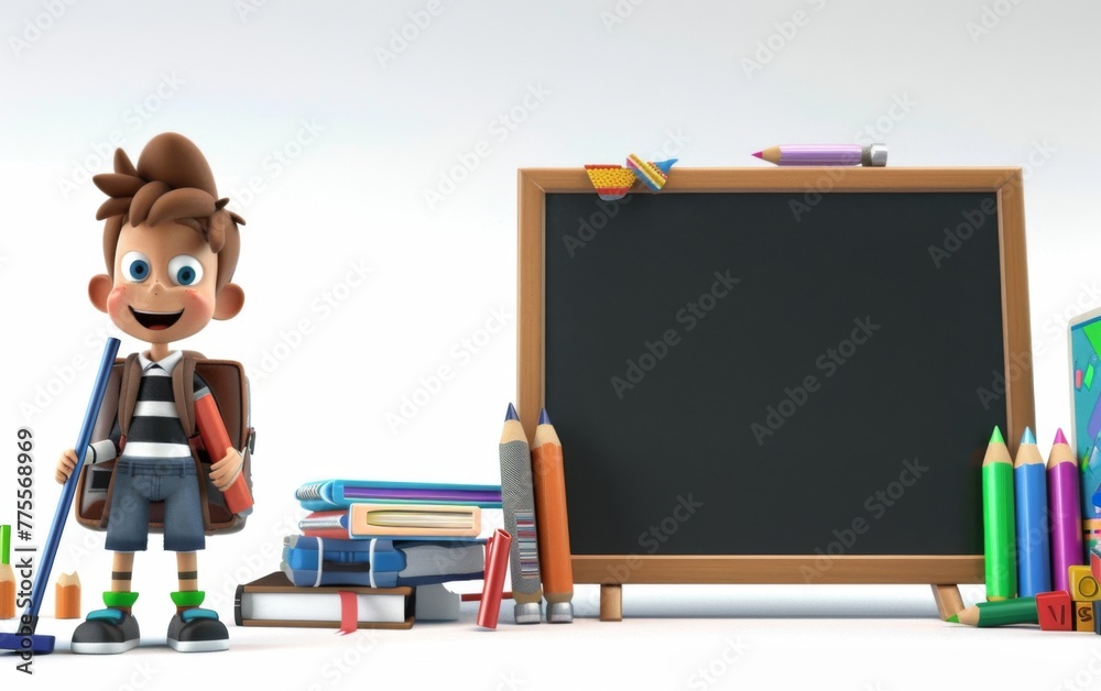 3D cartoon character of little boy with blank wooden learning blackboard with scattering school supplies background. 3D display
