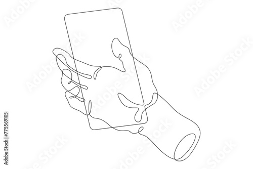 One continuous line.The hand touches the smartphone screen. Using the device manually. Tap the screen with your finger. One continuous line drawn isolated, white background.