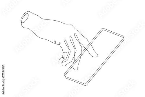 One continuous line.The hand touches the smartphone screen. Using the device manually. Tap the screen with your finger. One continuous line drawn isolated, white background.