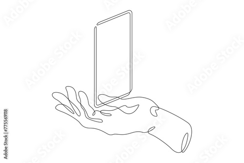 One continuous line.The hand touches the smartphone screen. Using the device manually. Tap the screen with your finger. One continuous line drawn isolated, white background.