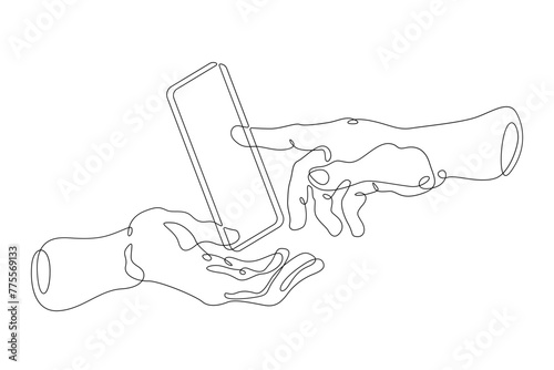 One continuous line.The hand touches the smartphone screen. Using the device manually. Tap the screen with your finger. One continuous line drawn isolated, white background.