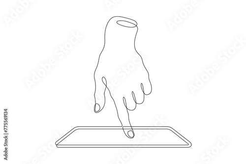 One continuous line.The hand touches the smartphone screen. Using the device manually. Tap the screen with your finger. One continuous line drawn isolated, white background.
