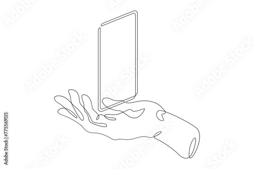 One continuous line.The hand touches the smartphone screen. Using the device manually. Tap the screen with your finger. One continuous line drawn isolated, white background.