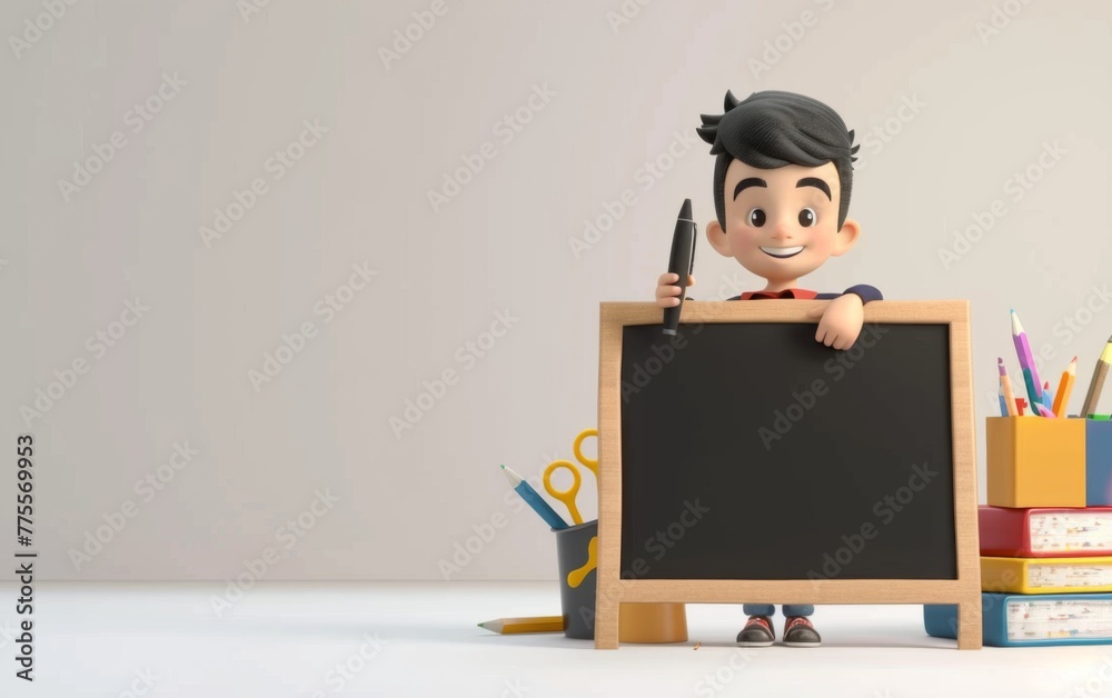 3D cartoon character of little boy with blank wooden learning blackboard with scattering school supplies background. 3D display