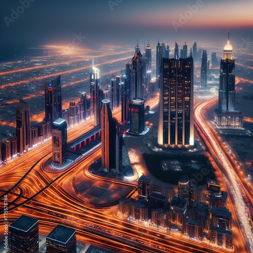 Aerial night illuminated Dubai city skyline skyscrapers view and busy traffic on Sheikh Zayed road highway. photo