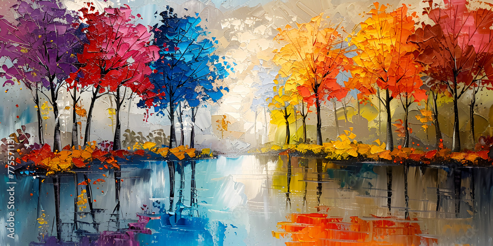 Naklejka premium Abstract colorfull tree with lake oil painting on canvas