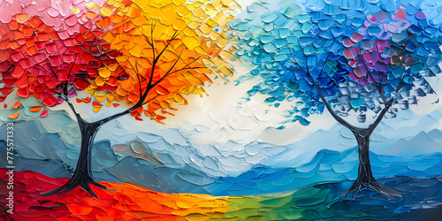 Abstract colorfull tree oil painting on canvas 
