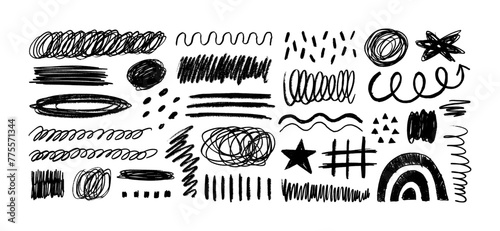 Crayon Pencil Scribble Textures and Shapes. Children's Charcoal Hand Drawn Doodle Scratches. Vector Elements of Waves, Squiggles, Circles, Lines, Dots, Star, Scratches for Patterns, Templates, Design