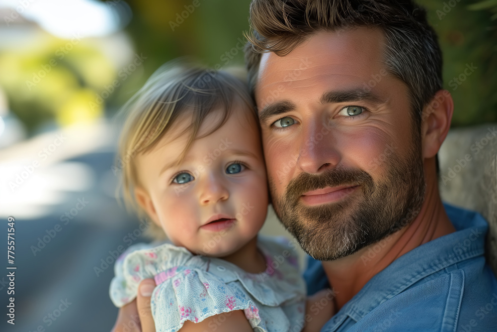 Fatherhood, a man holds a little girl in his arms, showing a touching moment between father and daughter Fatherhood, a man holds a little girl in his arms, showing a touching moment between father and daughter