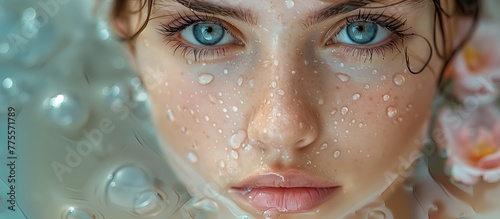 A beautiful young woman lies on the surface of the water, with flowers and water droplets floating around. The concept of skin care cream
