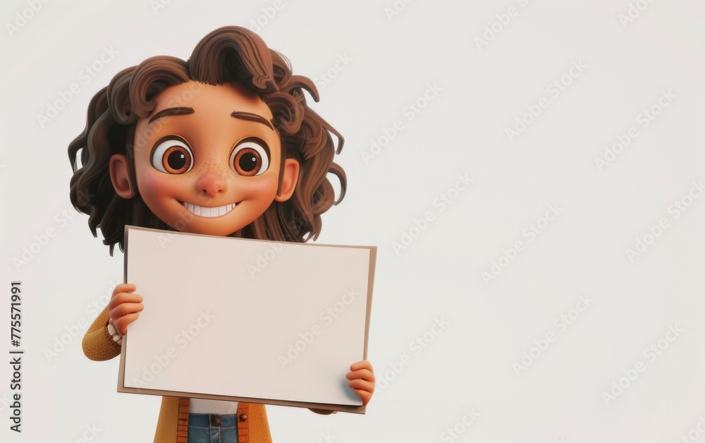 3D cartoon girl character holding blank paper on sign. 3D display. Advertisement illustrations 3D cartoon girl character holding blank paper on sign. 3D display. Advertisement illustrations